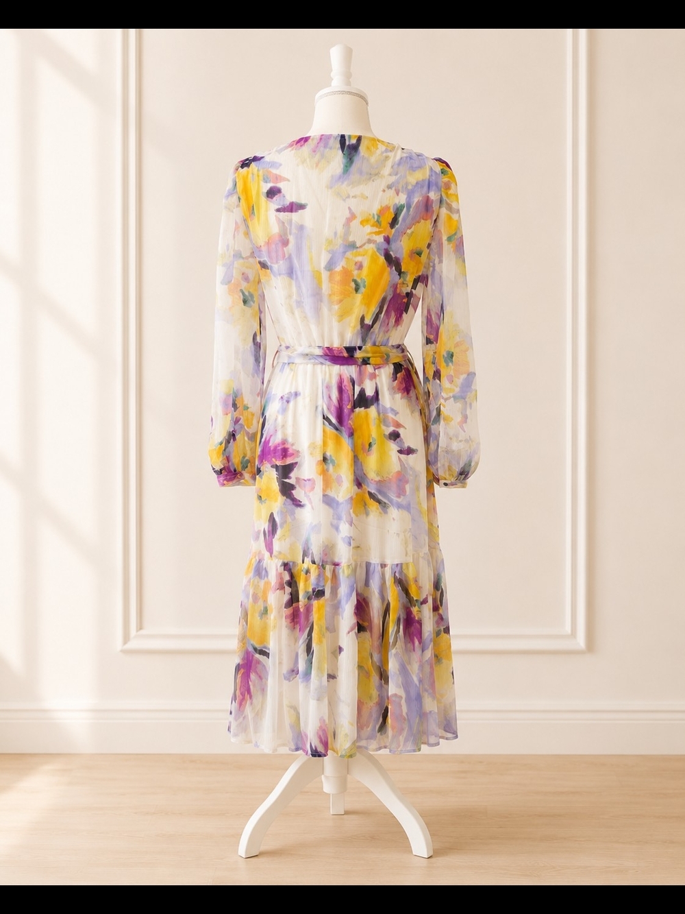 Dkny Yellow & Purple Floral Wrap Midi Dress NWOT, Size 6 - Picture 3 of 6